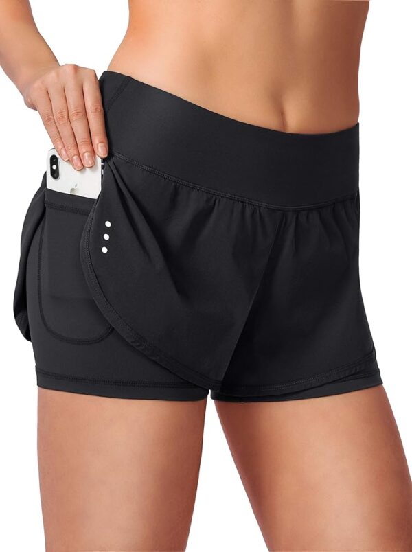 Women's 2 in 1 Running Shorts High Waisted Spandex Shorts Gym Yoga Workout Athletic Shorts for Women with Zipper Pockets