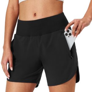 Womens Running Shorts Zipper Pockets High Waisted Quick Dry Athletic Workout Shorts with Liner