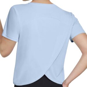 Women's Workout Shirts Short Sleeve Cropped Split Back Athletic Tops Active Running Gym Quick Dry Sun Shirts UPF 50+